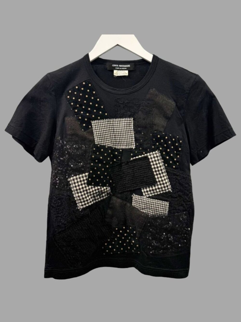 JUNYA WATANABE COMME des GARCONS Black Patchwork T-shirt Sz S Cotton Blend